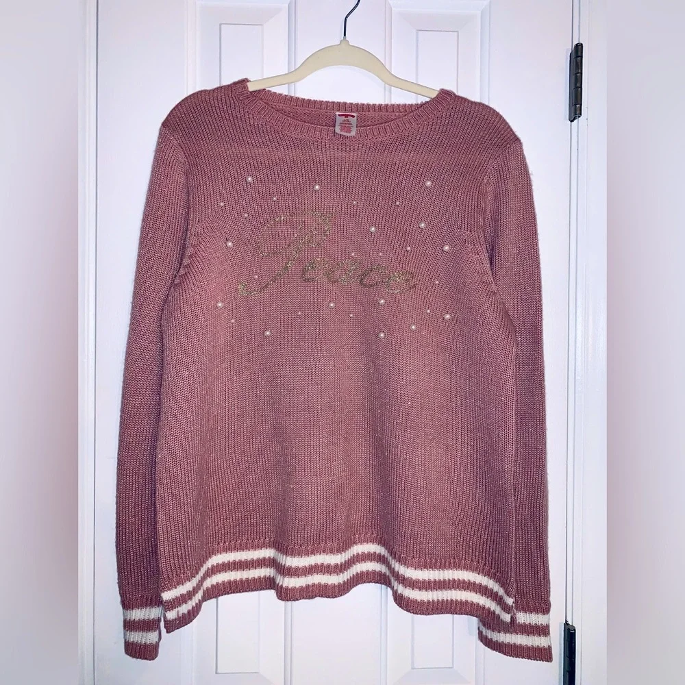 Pink & Gold with pearls sweater, with Peace wrote in Gold, size Large